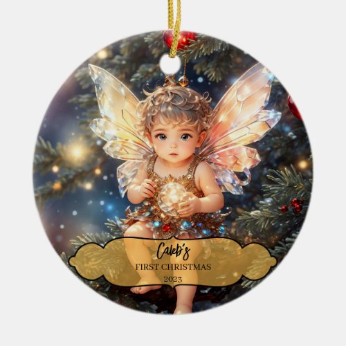 Magical Baby Boy Fairy Wings in a Christmas Tree Ceramic Ornament