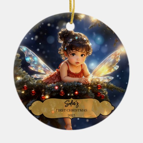 Magical Baby Fairy with Wings in a Christmas Tree Ceramic Ornament