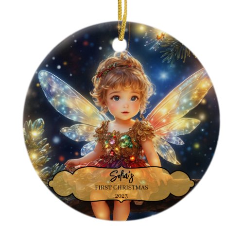 Magical Baby Fairy with Wings in a Christmas Tree Ceramic Ornament