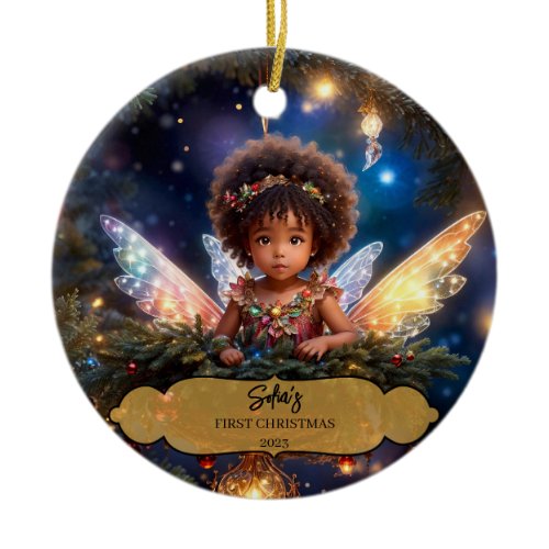 Magical Baby Fairy with Wings in a Christmas Tree Ceramic Ornament