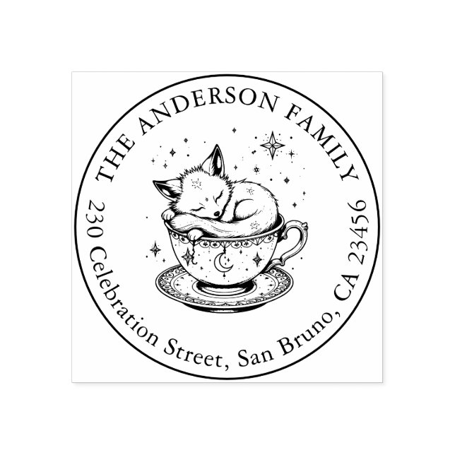 Magical Baby Fox Snoozing in Tea Cup Name Address Rubber Stamp (Imprint)