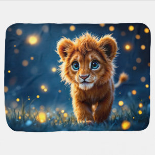 Magical baby lion walking in a fantasy night blanket