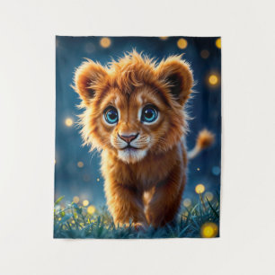Magical baby lion walking in a fantasy night tapestry