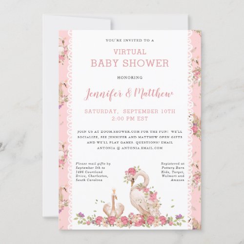 Magical Baby Swan Princess Pink Floral Baby Shower Invitation