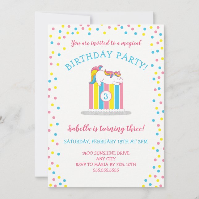 Magical baby Unicorn Birthday Party, cake + age Invitation (Front)