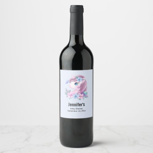 Magical Baby Unicorn with Big Eyes Baby Shower Wine Label
