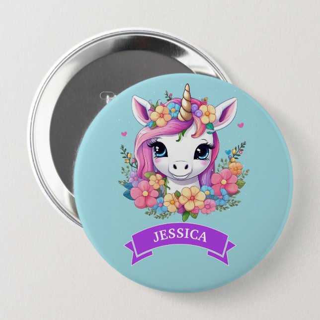 Magical Baby Unicorn with Flowers Button (Front & Back)