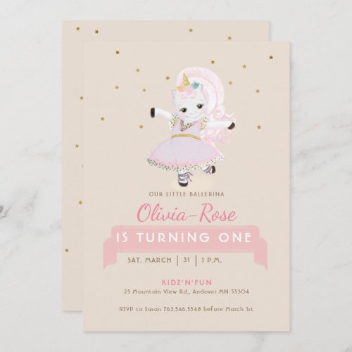 Magical Ballerina Unicorn Blush Rose Girl Birthday Invitation