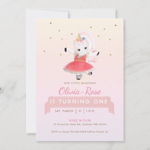  Magical Ballerina Unicorn Rainbow Girl Birthday Invitation