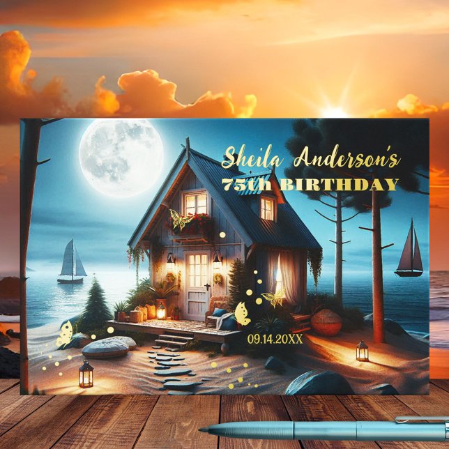 Magical Beach House Dream Birthday Real Foil  Foil Guest Book (Guest book featuring a dreamy beach house scene with butterflies at full moon with real foil texts)