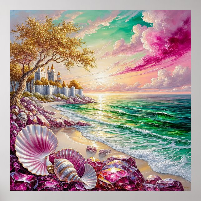 Magical Beachside Castle Sunset Poster (Front)