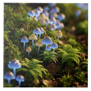 Magical Bioluminescent Fungi - Deep Forest Ceramic Tile