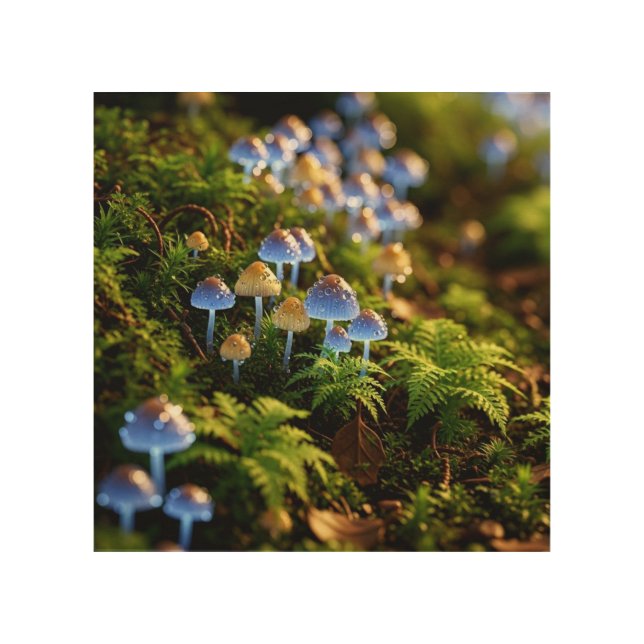 Magical Bioluminescent Fungi - Deep Forest Wood Wall Art (Front)