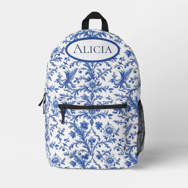Magical Birds Blue Toile Printed Backpack (Front)