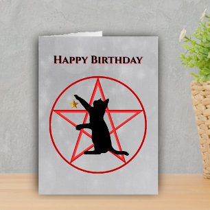 Magical Birthday Black Cat Red Pentagram Grey Card