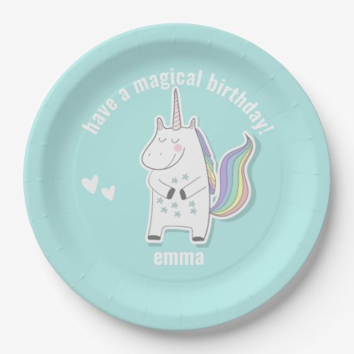 Magical Birthday _ Cute Kids Unicorn Aqua Paper Plates