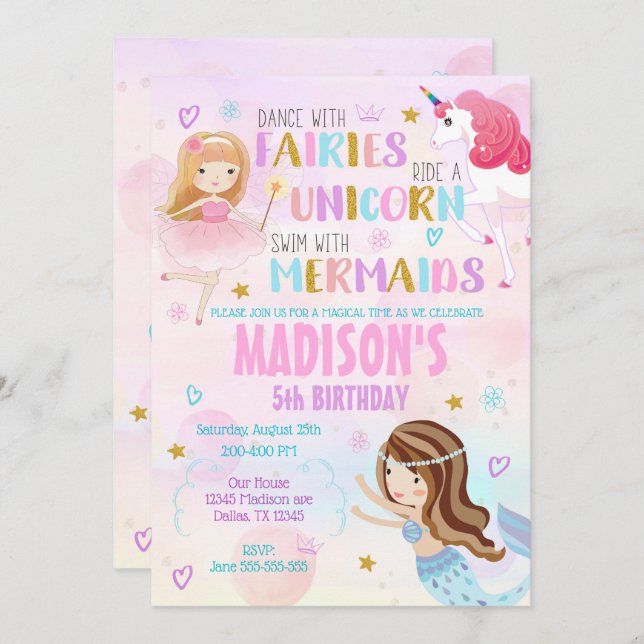 Magical Birthday Invitation Mermaid Unicorn Fairy (Front/Back)