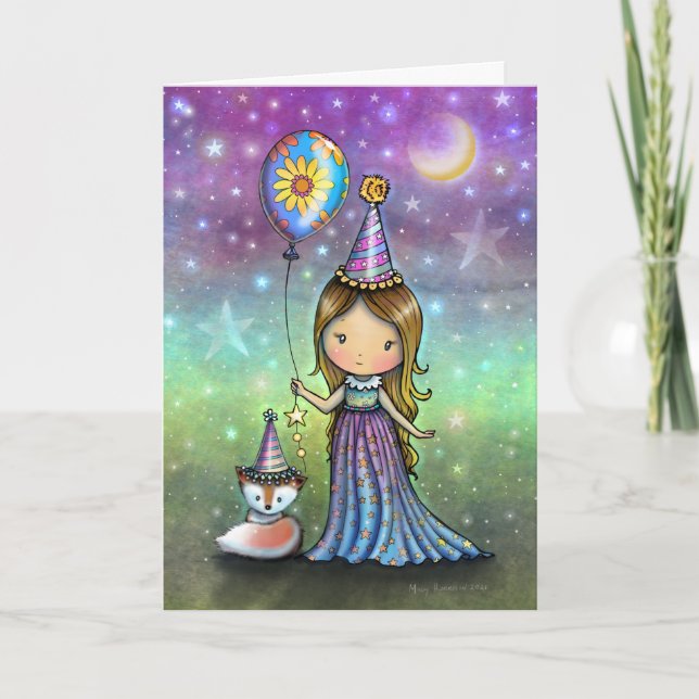 Magical Birthday Little Girl Balloon and Fox Card (Front)