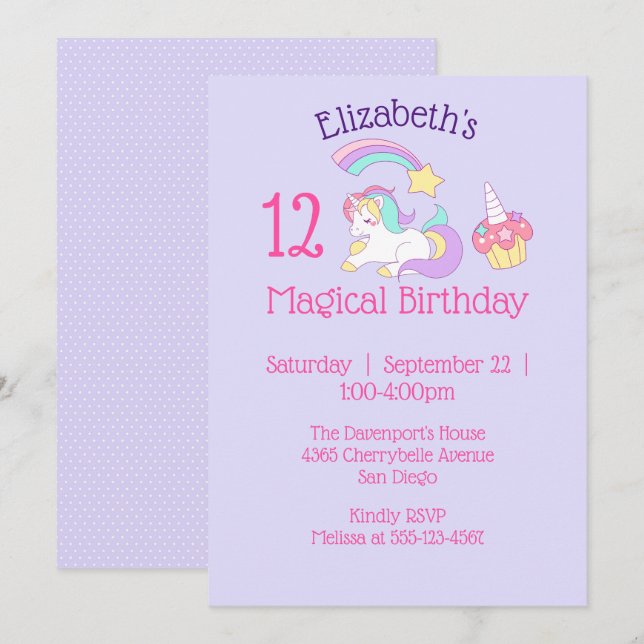 Magical Birthday Unicorn and Cupcake Party Invitation (Front/Back)