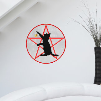 Magical Black Cat Holding Golden Star on Pentagram Wall Decal