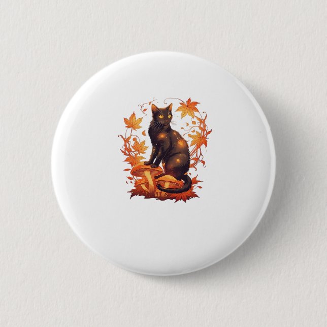 Magical Black Cat in Autumn Forest � Celestial Fal Button (Front)