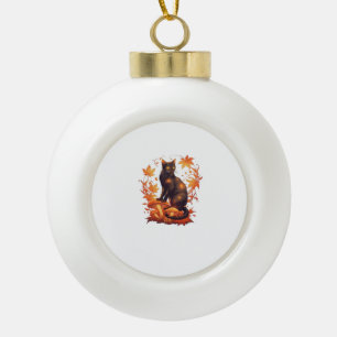 Magical Black Cat in Autumn Forest – Celestial Fal Ceramic Ball Christmas Ornament