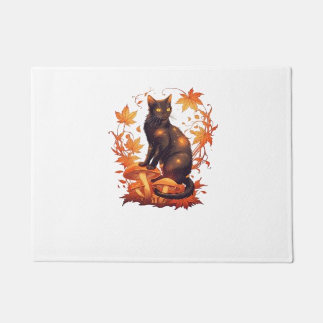 Magical Black Cat in Autumn Forest – Celestial Fal Doormat (Front)
