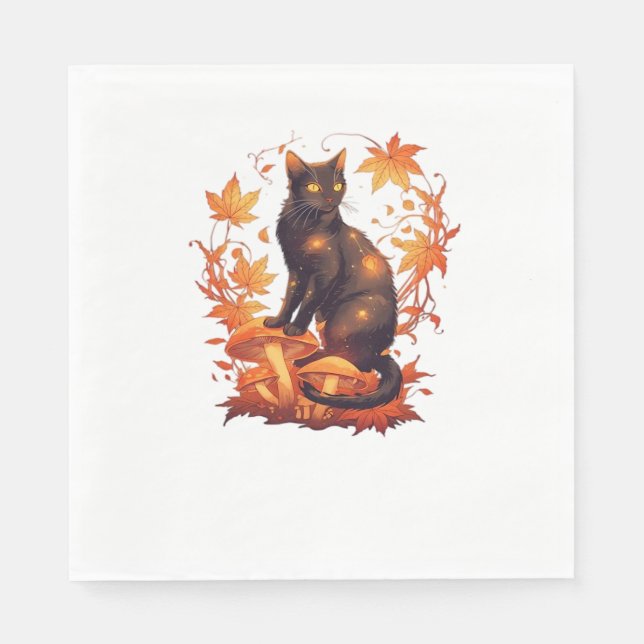 Magical Black Cat in Autumn Forest – Celestial Fal Napkins (Front)