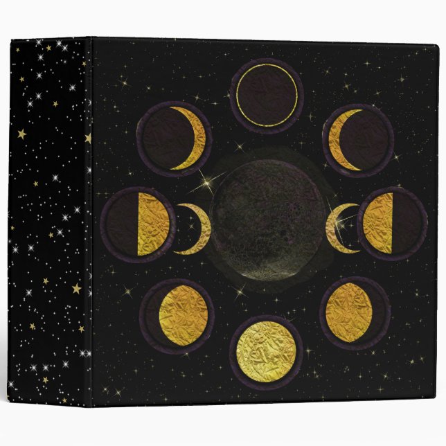 Magical Black & Gold Moon Phases 3 Ring Binder (Front/Spine)
