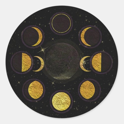 Magical Black  Gold Moon Phases Esoteric Party Classic Round Sticker