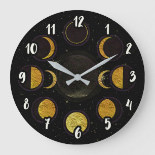 Magical Black & Gold Moon Phases Large Clock