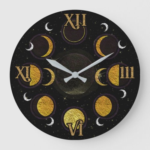 Magical Black  Gold Moon Phases Large Clock