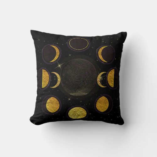 Magical Black  Gold Moon Phases Throw Pillow