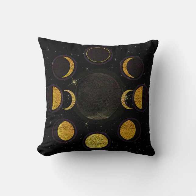 Magical Black & Gold Moon Phases Throw Pillow (Front)