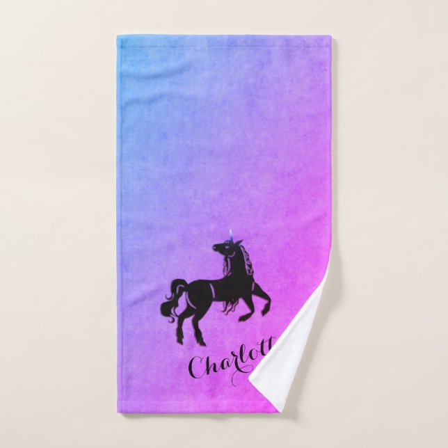Magical Black Unicorn Gradient Purple Personalized Bath Towel Set (Hand Towel)