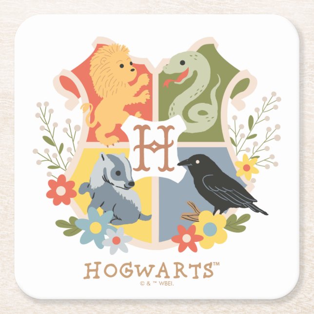 Magical Blooms HOGWARTS™ Crest Square Paper Coaster (Front)