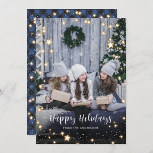 Magical Blue Buffalo Plaid Snow Stars Photo Holiday Card