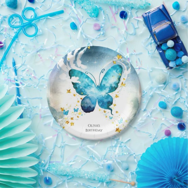 Magical Blue Butterfly Birthday Paper Plates (Party)