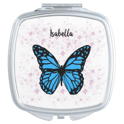 Magical blue butterfly pink glitter art compact mirror