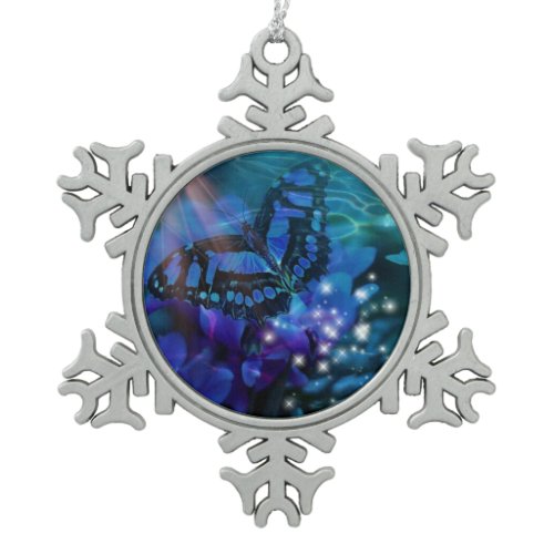 Magical Blue Butterfly Snowflake Pewter Christmas Ornament