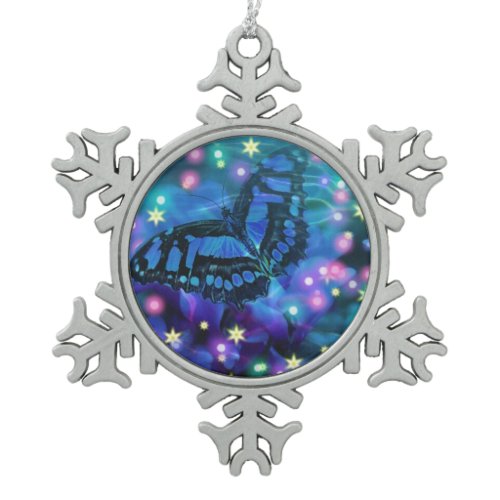 Magical Blue Butterfly Snowflake Pewter Christmas Ornament