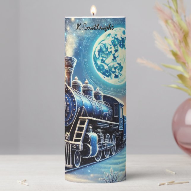 Magical Blue Christmas Train Moonlit Scene Pillar Candle (In Situ)