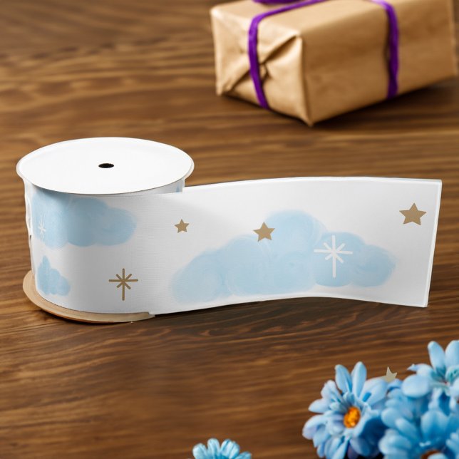 Magical Blue Cloud and twinkling Gold Stars Satin Ribbon (Magical Blue Cloud and twinkling Gold Stars Satin Ribbon)