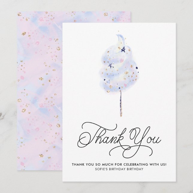 Magical Blue Cotton Candy and Glitter Thank You Invitation (Front/Back)