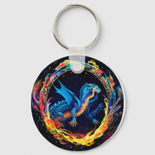 Magical Blue Dragon Surrounded by Mystical Flames Keychain