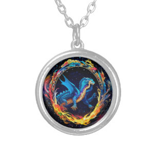 Magical Blue Dragon Surrounded by Mystical Flames Silver Plated Necklace