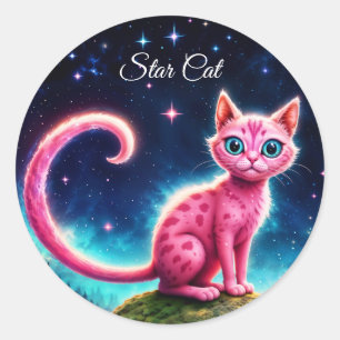 Magical blue-eyed feline under bright stars classic round sticker
