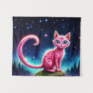 Magical blue-eyed feline under bright stars  tapestry
