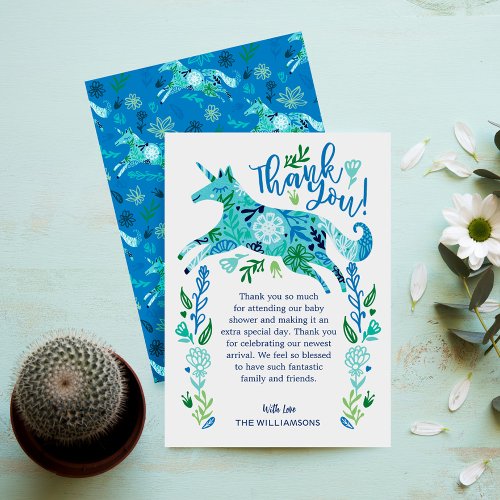 Magical Blue Floral Unicorn Baby Boy Shower Thank You Card