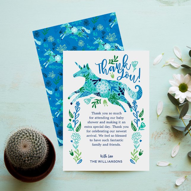 Magical Blue Floral Unicorn Baby Boy Shower Thank You Card (Magical Blue Floral Unicorn Baby Boy Shower Thank You Card)